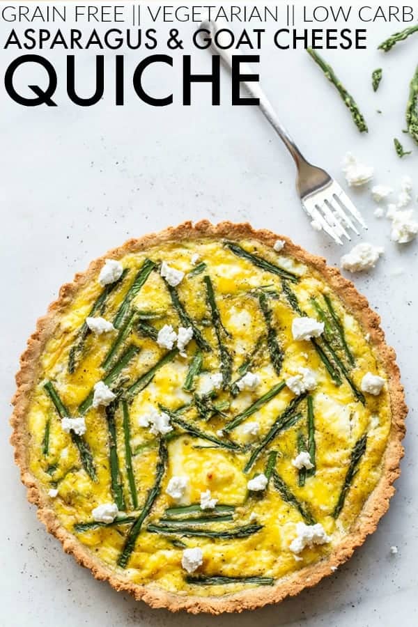 This Grain Free Asparagus & Goat Cheese Quiche has such a buttery and delicious gluten free crust and is loaded with perfect spring veggies! thetoastedpinenut.com #thetoastedpinenut #quiche #grainfreequiche #glutenfreequiche #vegetarianquiche #lowcarbquiche