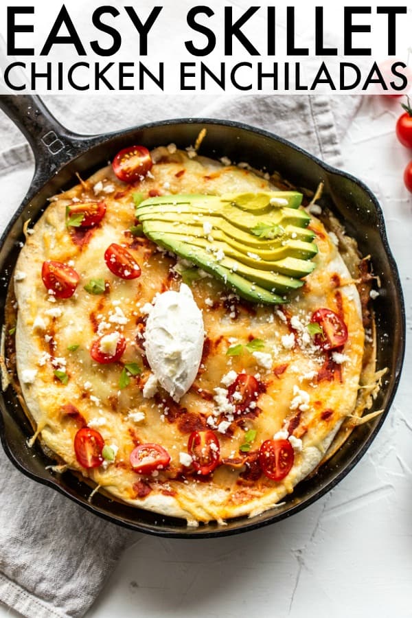 This southwestern Easy Skillet Chicken Enchiladas is loaded with layers of sliced chicken, veggies, and homemade enchilada sauce. Perfect weeknight dinner! thetoastedpinenut.com #thetoastedpinenut #chicken #chickendinner #chickenenchiladas #enchiladas #enchiladaskillet