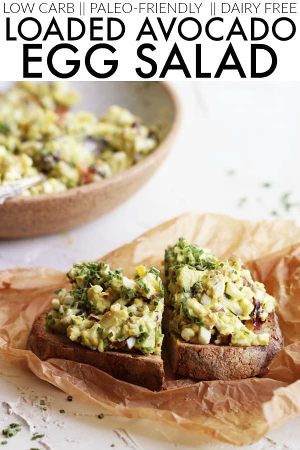 Switch up your classic egg salad for this Loaded Avocado Egg Salad! It's the perfect side for your brunch table or a tasty packed lunch for your weekday! thetoastedpinenut.com #thetoastedpinenut #eggsalad #avocadoeggsalad #eggsaladwithoutmayo #healthyeggsalad