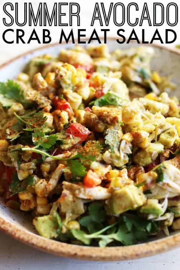 This Avocado Lump Crab Meat Salad screams summer! It's the perfect easy side to throw together for your next potluck or summer meal! thetoastedpinenut.com #thetoastedpinenut #crab #crabsalad #avocado #dip #guacamole #crabguacamole #crabmeatsalad