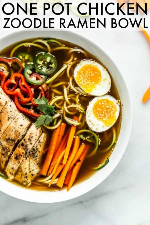 This One Pot Chicken Ramen Bowl + Zoodles comes together in a few simple steps and is so cozy and comforting. Pack it with your favorite veggies! thetoastedpinenut.com #thetoastedpinenut #ramen #zoodles #glutenfreeramen #veggienoodles #veggieramen