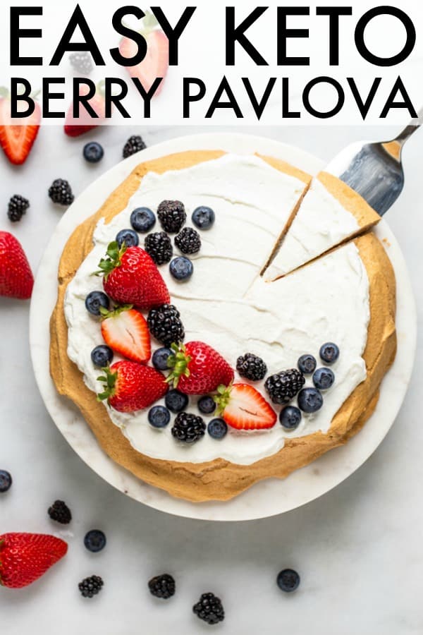 This is one of those desserts that looks fancy but is so simple to make! This Easy Keto Berry Pavlova is light and makes for the perfect summer treat. thetoastedpinenut.com #thetoastedpinenut #pavlova #keto #ketopavlova #ketodessert