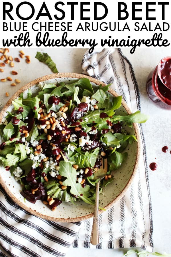 Roast up some beets and make the most refreshing summer salad. I can't wait for you to try this Roasted Beet Salad with a juicy Blueberry Vinaigrette! thetoastedpinenut.com #thetoastedpinenut #beets #beetsalad #vinaigrette #homemadevinaigrette #salad