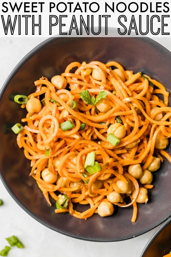 You'll love this delicious and gluten free meal of Sweet Potato Noodles with Peanut Sauce! Use almond butter to make it paleo. So flavorful and fun! thetoastedpinenut.com #thetoastedpinenut #spiralized #spiraler #sweetpotatonoodles #peanutsauce #vegandinner #vegetariandinner