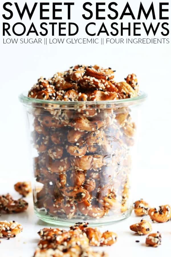 These Sweet Sesame Roasted Cashews are perfect sweet and salty snack made with only four ingredients! It's a delicious low sugar treat everyone will love! thetoastedpinenut.com #thetoastedpinenut #nuts #roastedsnacks #roastedcashews #healthysnack #sesamecashews