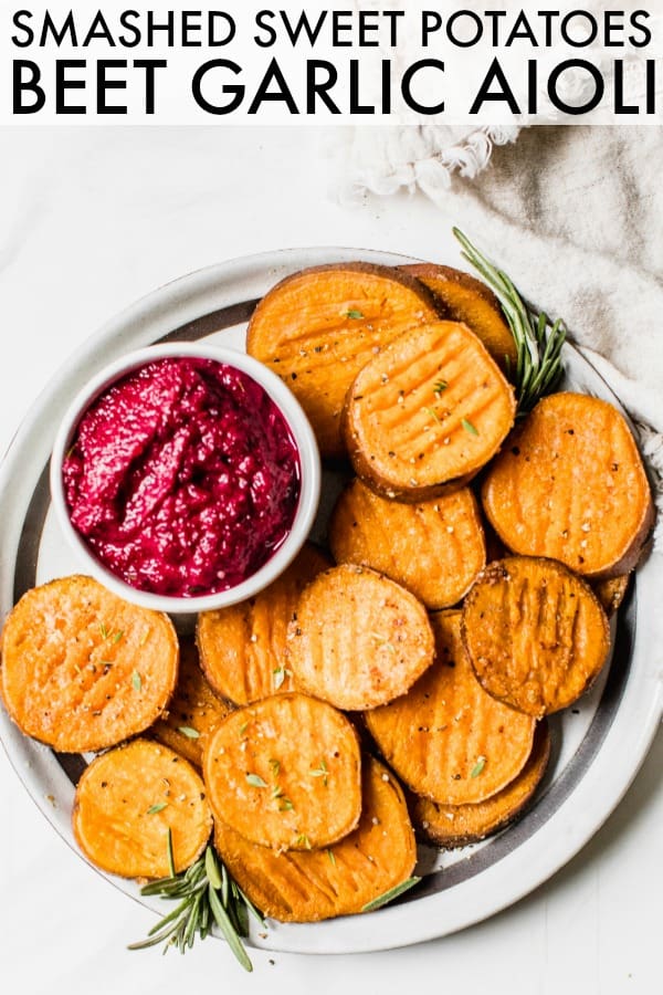 The ONLY dish you need on your kitchen table! Low carb, gluten free and dairy free Smashed Sweet Potatoes + Beet Garlic Aioli! SO GOOD!! thetoastedpinenut.com #thetoastedpinenut #sweetpotatoes #beets #aioli #aiolirecipe