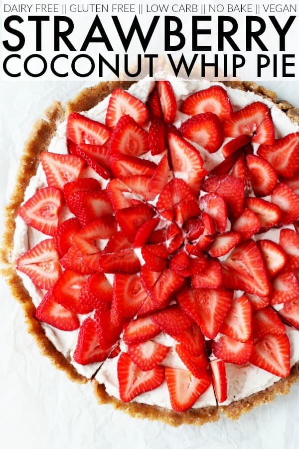 Make this easy no bake Strawberry Coconut Cream Pie for a light, summery dessert! It has a nutty, gluten free crust, creamy center, and juicy strawberries! thetoastedpinenut.com #thetoastedpinenut #strawberryrecipe #strawberries #strawberrypie #glutenfreepie #veganpie #vegan #glutenfree #coconutcream #coconutwhippedcream