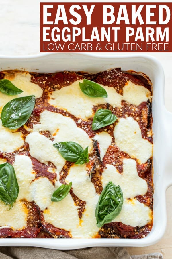 If you need an easy meat free weeknight meal, Gluten Free Baked Eggplant Parmesan is the perfect recipe! It's a super quick 15 minute prep and so tasty! thetoastedpinenut.com #thetoastedpinenut #eggplant #eggplantparm #eggplantparmesan #glutenfreegpplantparm