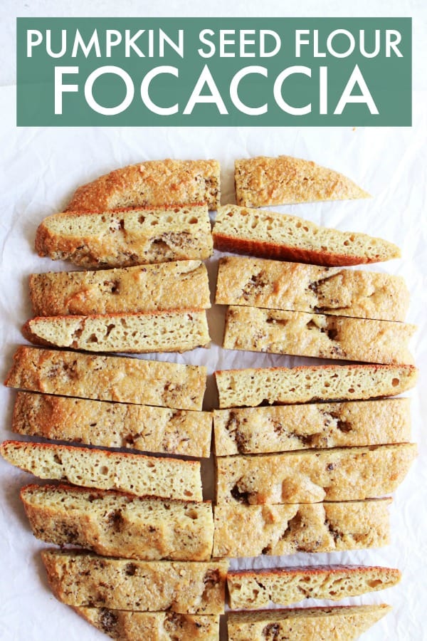 This gluten free Pumpkin Seed Flour Sourdough Focaccia is a perfect bread to dip or dunk, to serve alongside soup or salad, or even use as a pizza crust! thetoastedpinenut.com #thetoastedpinenut #focaccia #glutenfreefocaccia #howtomakefocaccia #pumpkinseedflour