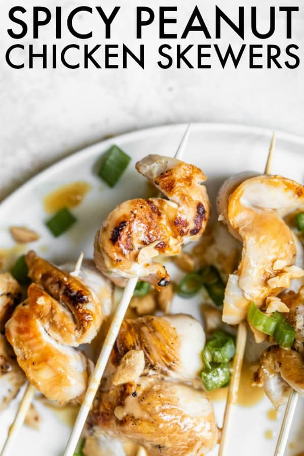 If you want an easy summer dinner or appetizer, try these delicious grilled Spicy Peanut Chicken Kabobs! I can never get enough of this peanut sauce! thetoastedpinenut.com #thetoastedpinenut #peanutchicken #chickenskewers #chickekabobs #peanutsauce