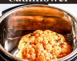 overhead image of a whole head of cauliflower in an instant pot sitting on a white counter.