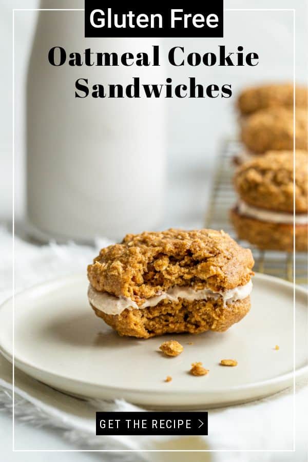 These Gluten Free Oatmeal Cookie Sandwiches are a play off my favorite oatmeal cream pies. They're pillowy, yet hearty and deliciously creamy in the center! thetoastedpinenut.com #thetoastedpinenut #oatmealcookies #oatmealcreampie #glutenfreecookies #cookiesandwich #oatmealcookiesandwich