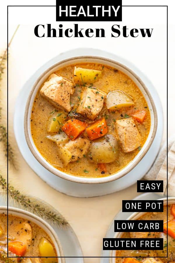 Warm up this winter with this easy and flavorful One Pot Healthy Chicken Stew! This recipe will be a new family favorite you can customize + make your own! thetoastedpinenut.com #thetoastedpinenut #stew #soup #stewrecipe #souprecipe #chickenstew #chickenveggiestew