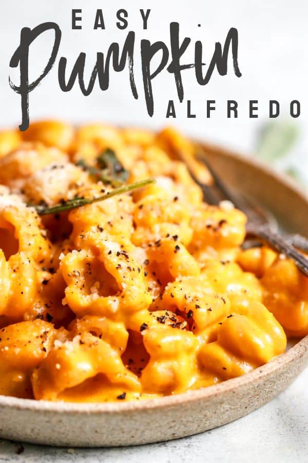 Get into the fall spirit with this Easy Pumpkin Alfredo! It's only seven ingredients, so easy to whip together, and will be a such a crowd pleaser! thetoastedpinenut.com #thetoastedpinenut #pumpkin #alfredo #pumpkinalfredo #easyalfredo #easypumpkinalfredo #easydinner #fallrecipe #falldinner