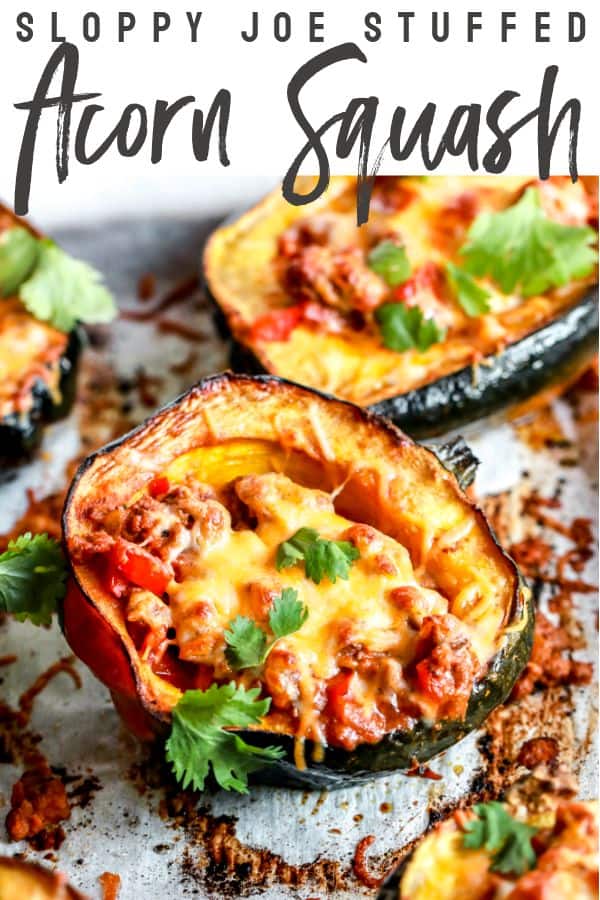 An easy autumn weeknight meal that's low carb, gluten free, and guaranteed to bring on the yummy noises! You'll love this Sloppy Joe Stuffed Acorn Squash! thetoastedpinenut #sloppyjoes #acornsquash #stuffedsquash #weeknightmeal #familydinner