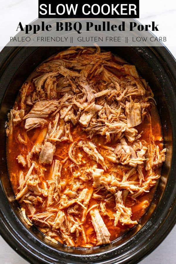 Heat up your slow cooker for this delicious set it and forget it meal! This Slow Cooker Apple BBQ Pork is perfect on a bun, in tacos, or on top of a salad! thetoastedpinenut.com #thetoastedpinenut #pulledpork #slowcookerpulledpork #slowcooker #slowcookerrecipes #crockpot #crockpotrecipes