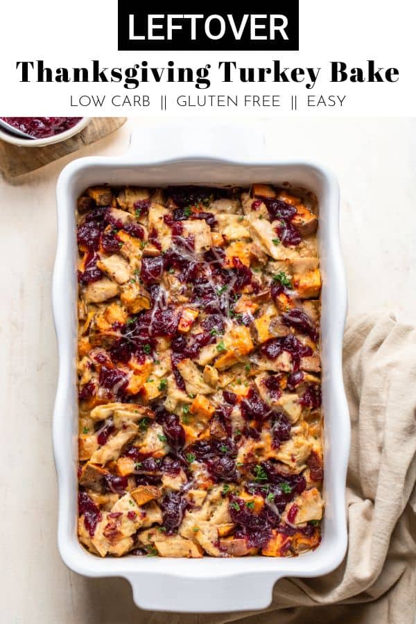 Transform your Thanksgiving leftovers into this Leftover Sweet Potato Turkey Bake! It's loaded with your favorite fall flavors with a creamy, cheese sauce! thetoastedpinenut.com #thetoastedpinenut #turkey #thanksgiving #leftoverturkey #leftoverturkeybake #turkeycasserole #turkeybake