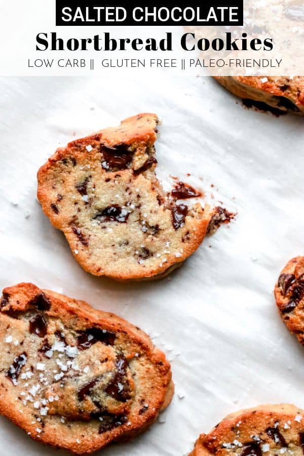 These gluten free Salted Chocolate Chunk Shortbread Cookies are easy to prep ahead for a quick and delicious slice and bake cookie dessert! thetoastedpinenut.com #thetoastedpinenut #shortbreadcookies #chocolatechunkcookies #chocolatechipcookies #glutenfreecookies #lowcarbcookies