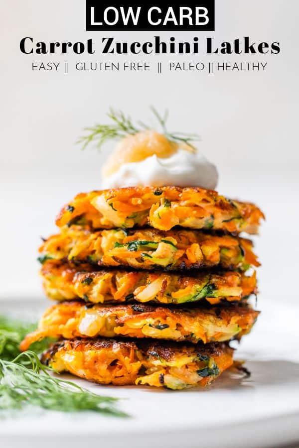 You'll love these low carb + gluten free Carrot Zucchini Fritters! It's a fun twist on your traditional potato pancake latkes! You'll love them!! thetoastedpinenut.com #lowcarb #glutenfree #paleo #fritters