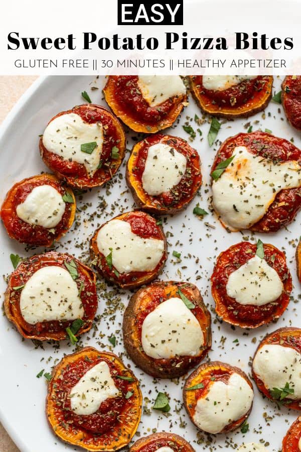 Want an easy party appetizer that's guaranteed to be a crowd favorite? Try these gluten free Sweet Potato Pizza Bites!! They're so easy to whip together! thetoastedpinenut.com #thetoastedpinenut #pizza #pizzabites #sweetpotato #sweetpotatotoast 