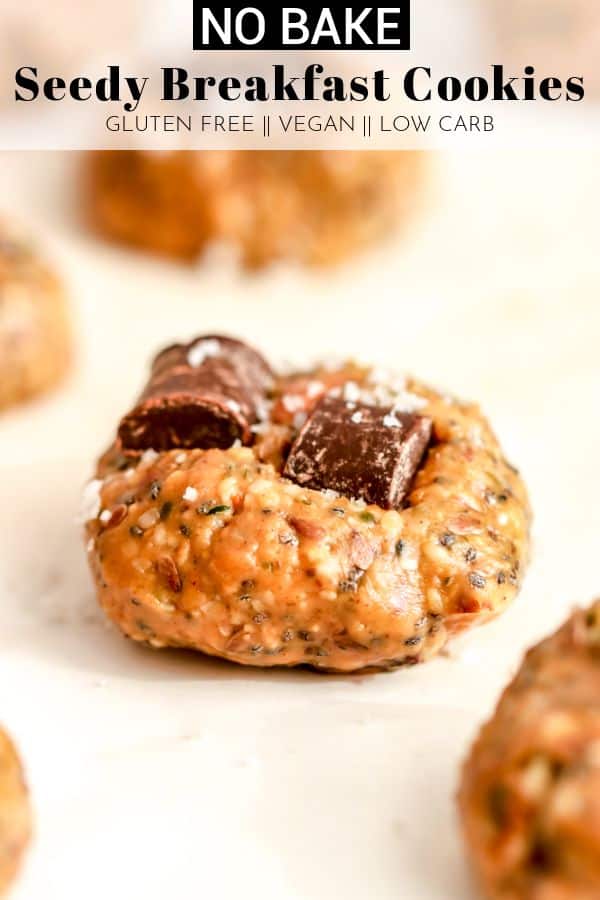 Want a nutrient dense start to your day that takes little effort to prep? These No Bake Seedy Breakfast Cookies are so delicious and easy to make ahead! thetoastedpinenut.com #thetoastedpinenut #chiaseeds #flaxseeds #hempseeds #hemphearts #breakfastcookies #mealprep #glutenfreecookies #vegancookies #nobake #nobakerecipe