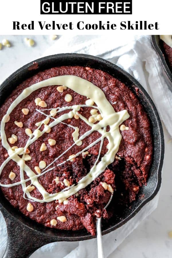 Enjoy this Gluten Free Red Velvet Cookie Skillet for a fancy and fun Valentine's day dessert! It's made with almond flour and so simple to make! thetoastedpinenut.com #thetoastedpinenut #redvelvet #cookieskillet #redvelvetcookies #glutenfreecookies #glutenfreerecipe #valentinesday #valentinesdaydessert #valentinesdayrecipe