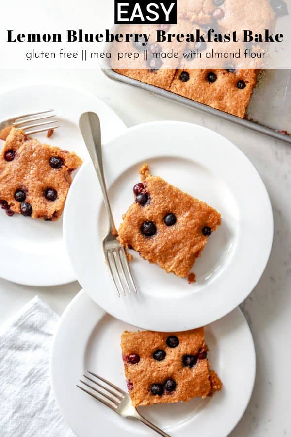 Start your day off of a sweet and tasty note with this Lemon Blueberry Breakfast Bake! It's made with almond flour and so easy to whip together! thetoastedpinenut.com #thetoastedpinenut #lemoncake #breakfastcake #lemonblueberrycake #glutenfreecake #almondflourrecipes