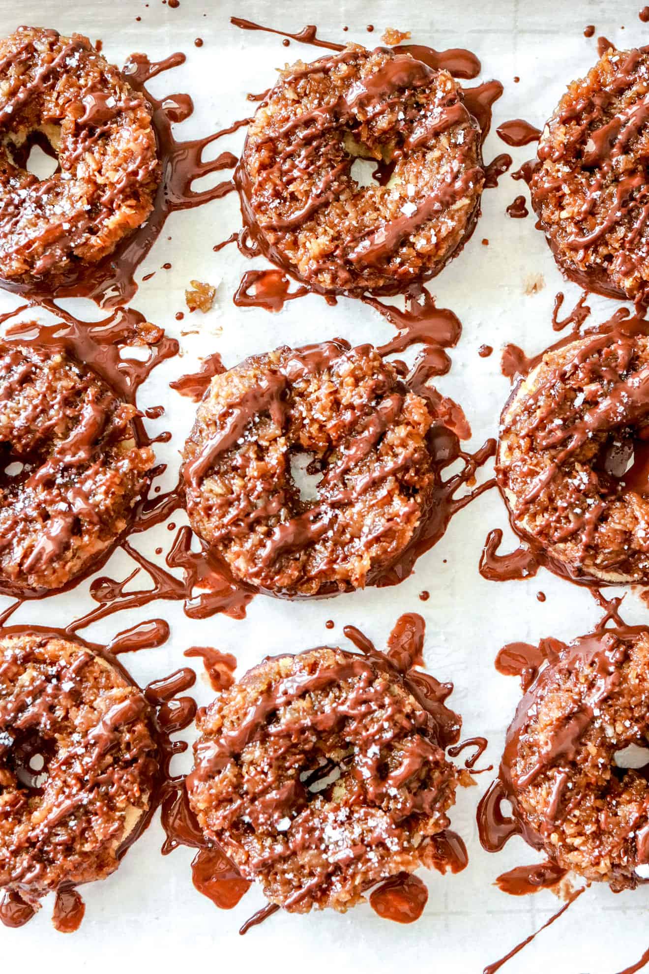 homemade girl scout samoas cookies on white background