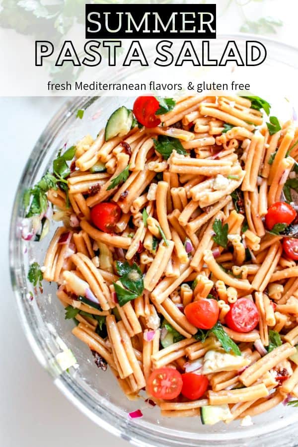 glass bowl filled with pasta salad pinterest image