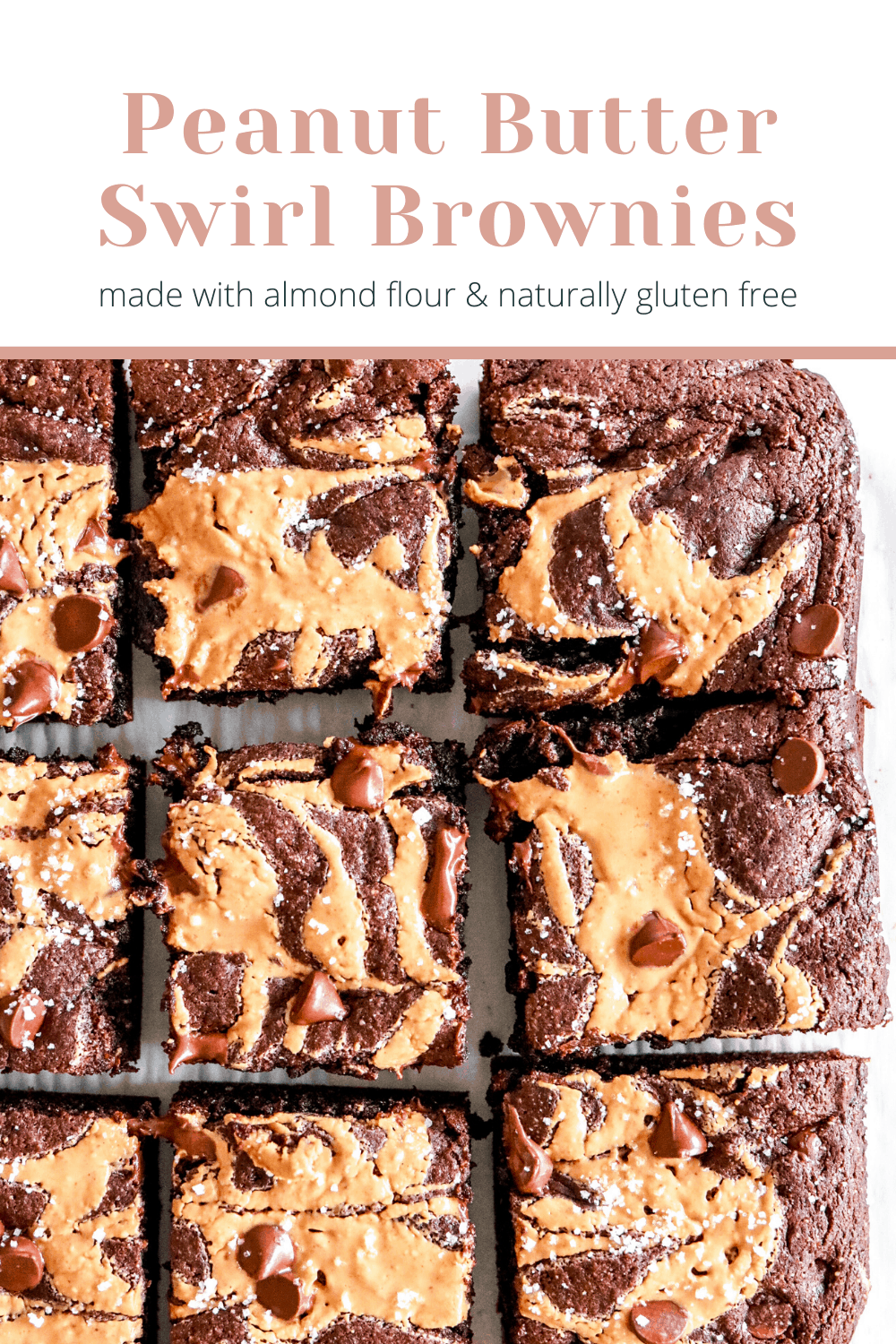 chocolate peanut butter swirl brownies cut in squares on white background pinterest image