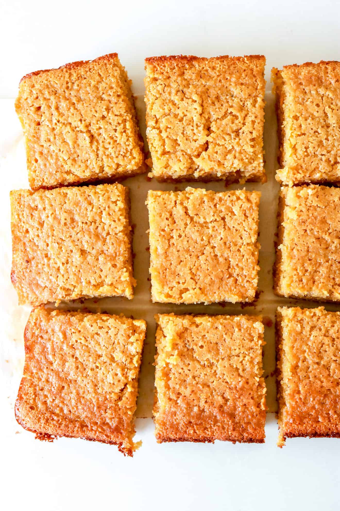 squares or buttermilk cornbread squares on white background