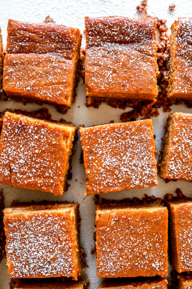 overhead image of pumpkin pie squares sprinkled with powdered sugar