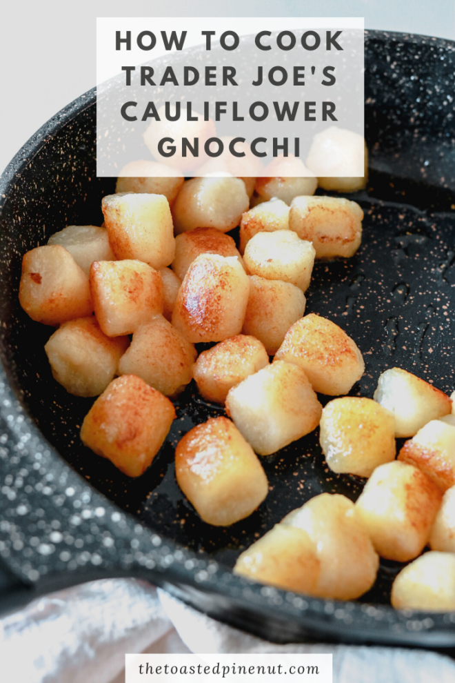 pan with fried cauliflower gnocchi and text overlay