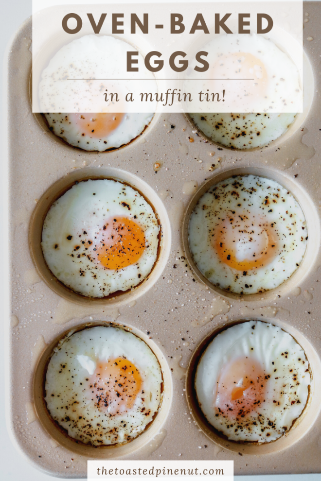 overhead image of baked eggs in a muffin tin pinterest image with text overlay