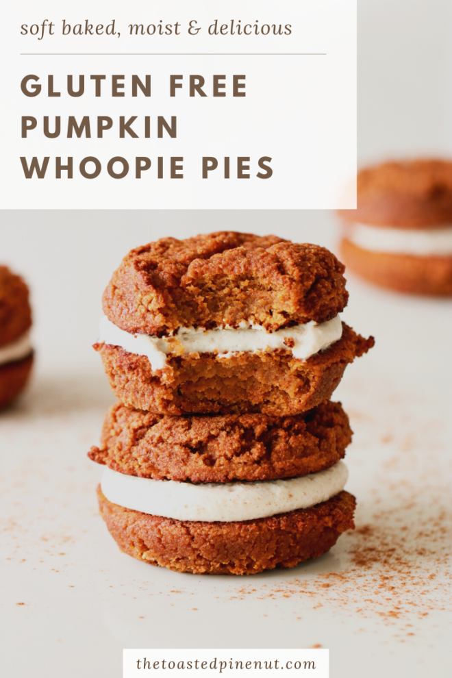 gluten free pumpkin whoopie pie cookie sandwhich sitting on white counter with a bite taken out pinterest image