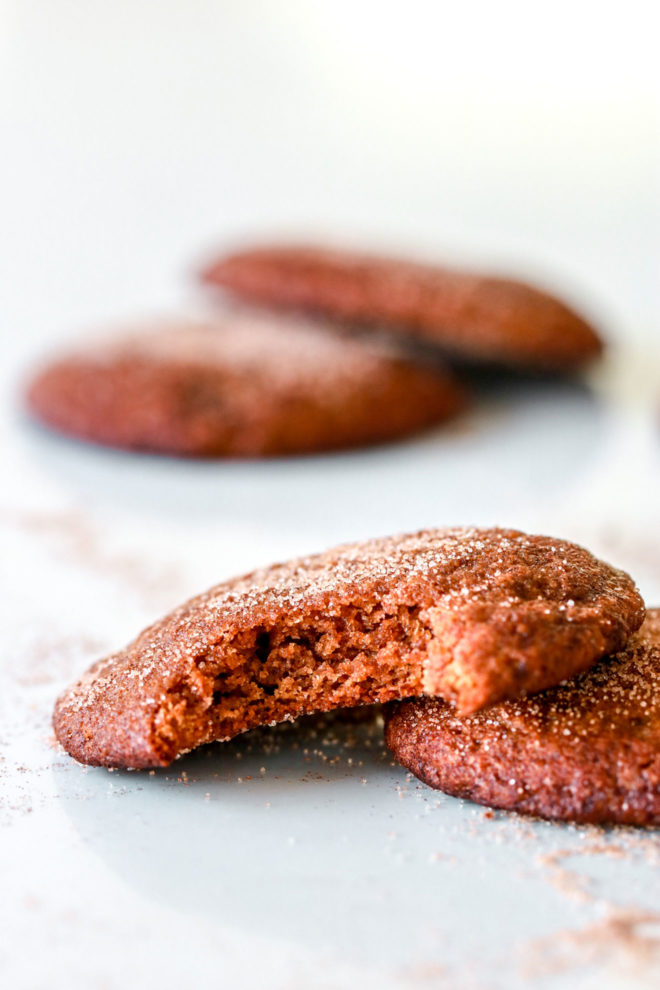 side image of chewy snickerdoodles, one with a bite taken out leaning on another cookie and snickerdoodles in the background