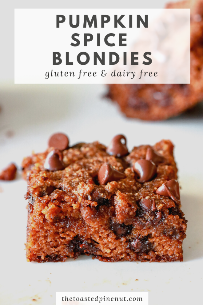 side view of a chocolate chip pumpkin spice blondie pinterest image with text overlay