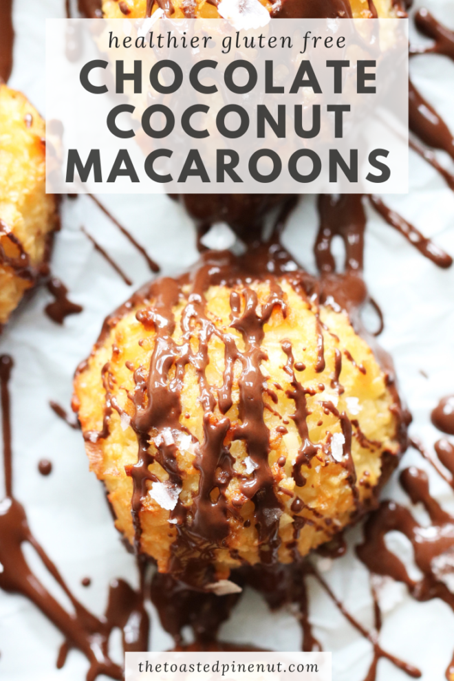 overhead image of coconut macaroons with melted chocolate drizzled on top on white background with text overlay "healthier gluten free chocolate coconut macaroons"