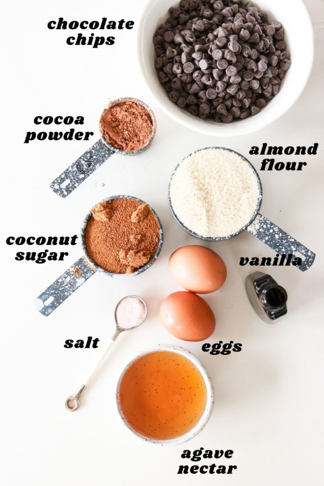 ingredients to make gluten free brownies set out on a counter with text overlay