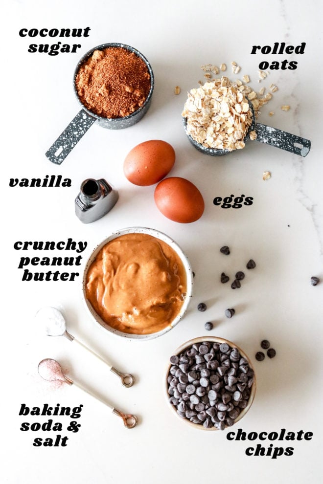overhead view of all the ingredients to make chocolate chip peanut butter oatmeal cookies