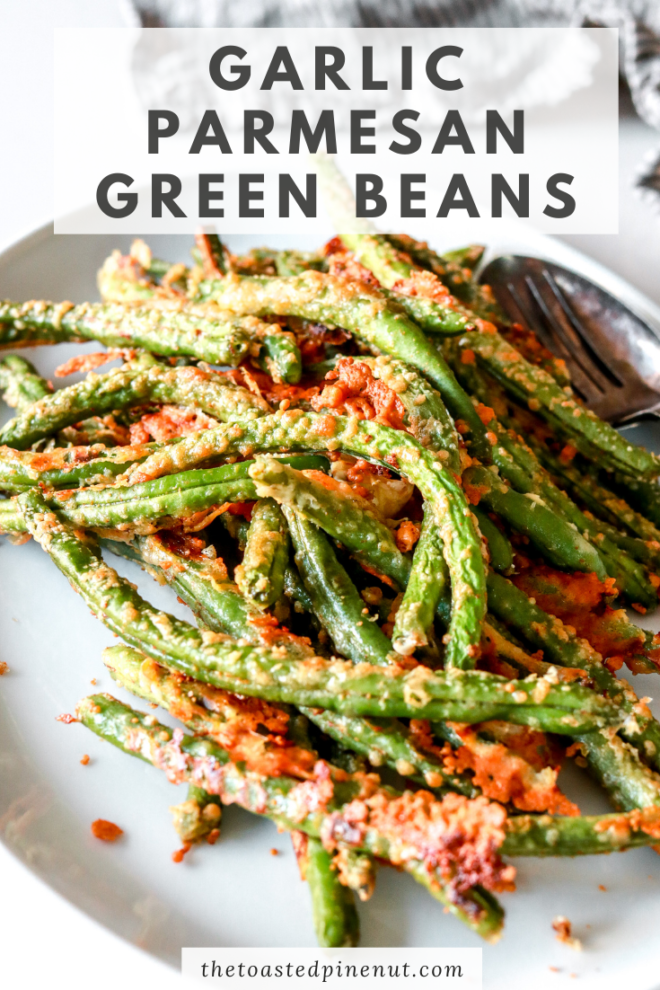 side angle of green beans crusted with parmesan cheese with text overlay pinterest image
