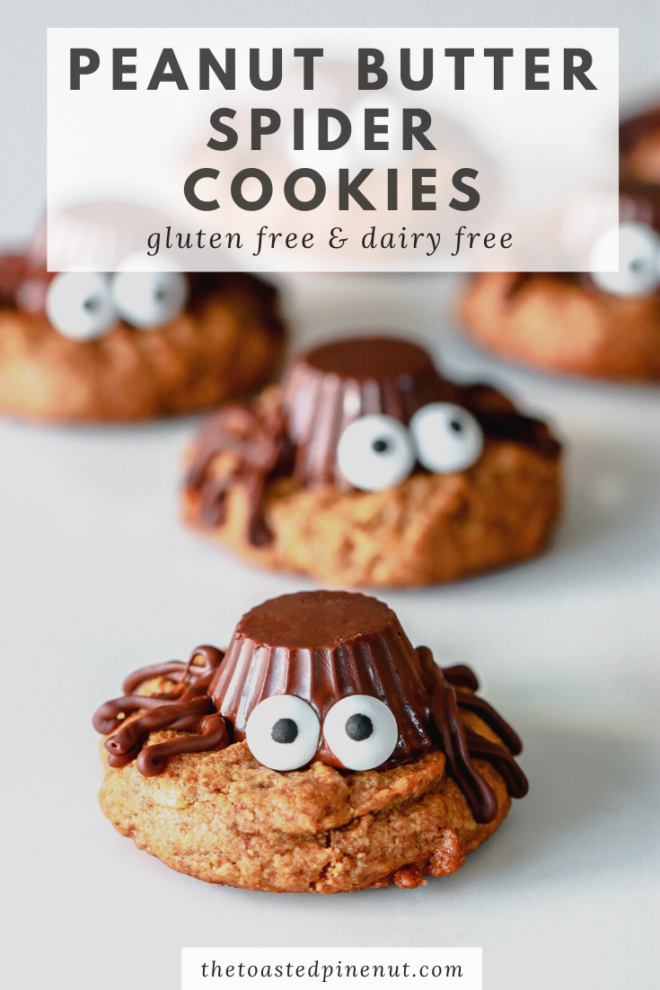 peanut butter cookies decorated like a spider with an upside down peanut butter cup and candy eyeballs pinterest image with text overlay