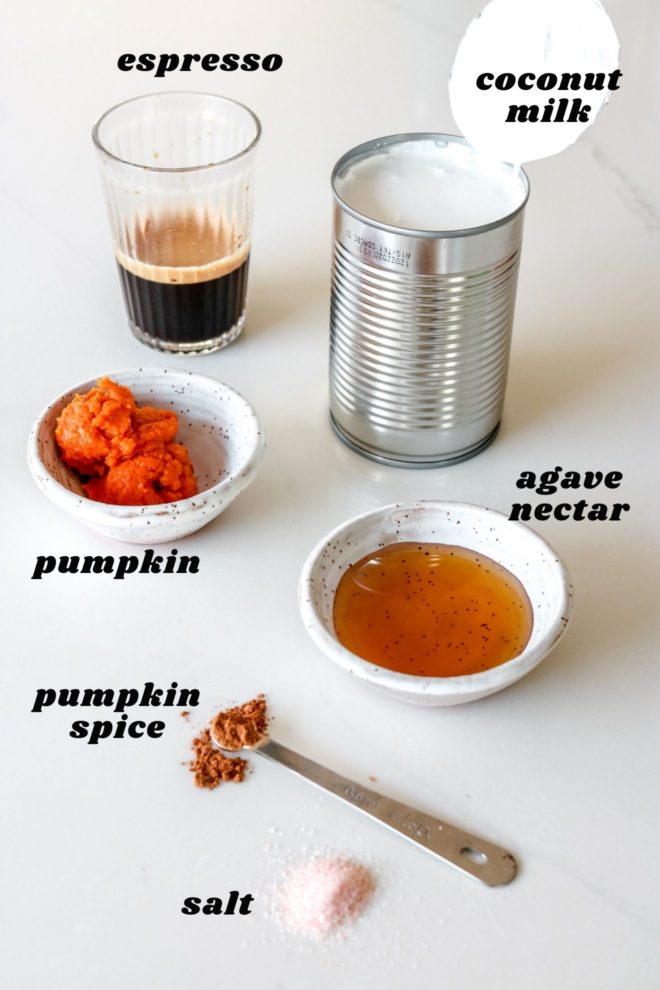 ingredients to make a pumpkin spice latte on a white counter with text overlay
