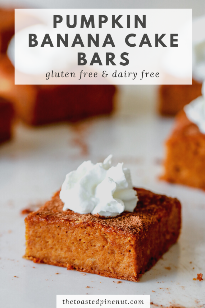 side view of a pumpkin banana cake bar with a dollop of whipped cream on top pinterest image with text overlay