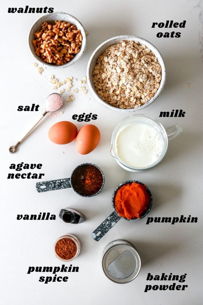 overhead image of all the ingredients to make pumpkin oatmeal on a white counter