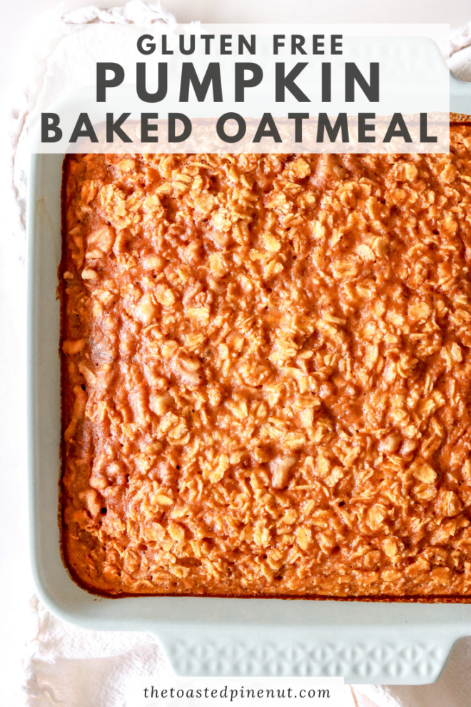 overhead image of light blue baking dish with pumpkin baked oatmeal