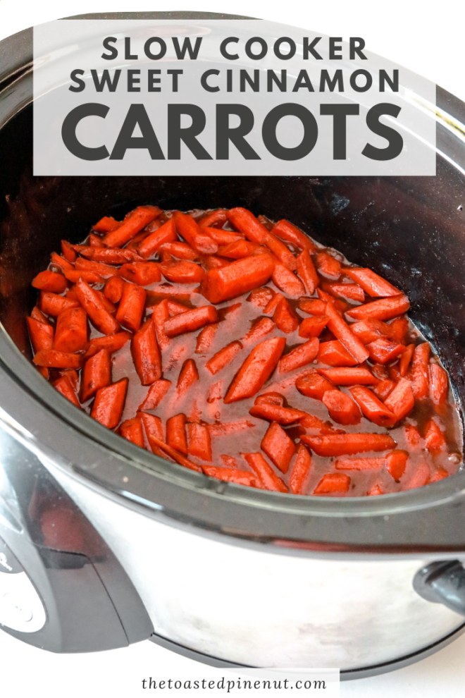 slow cooker crockpot with chopped carrots inside pinterest image with text overlay