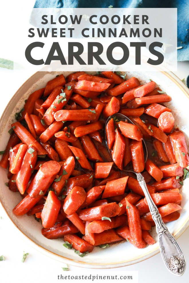 bowl with a spoon scooping out slow cooker sweet cinnamon carrots out of a bowl pinterest image with text overlay