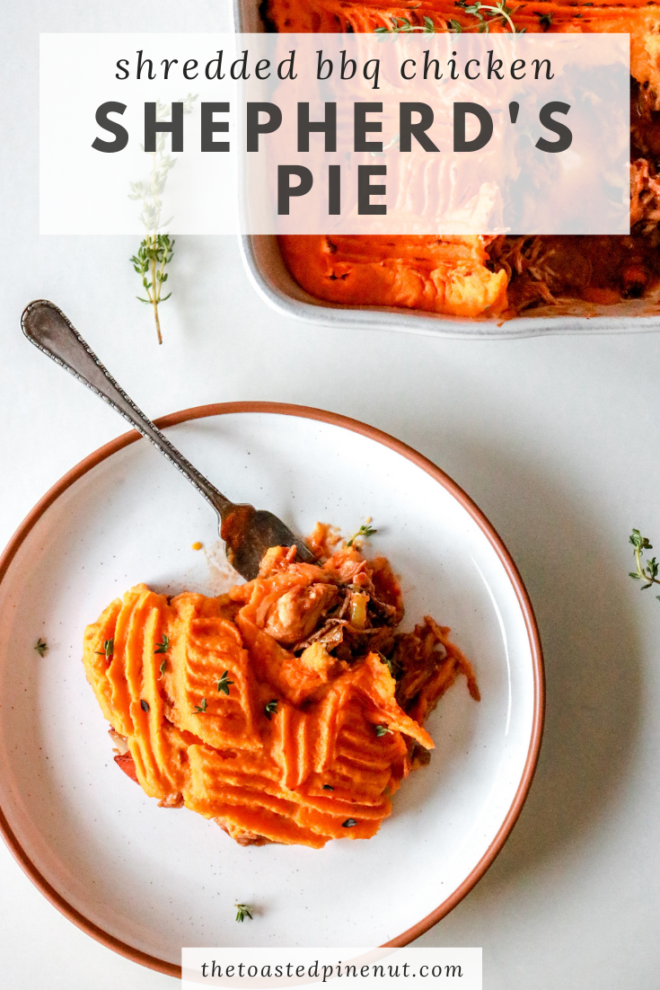 overhead image of chicken and sweet potato shepherd's pie with a scoop out on a white plate pinterest image with text overlay