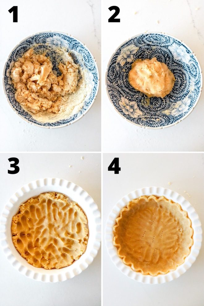 overhead view of four steps to make a pie crust